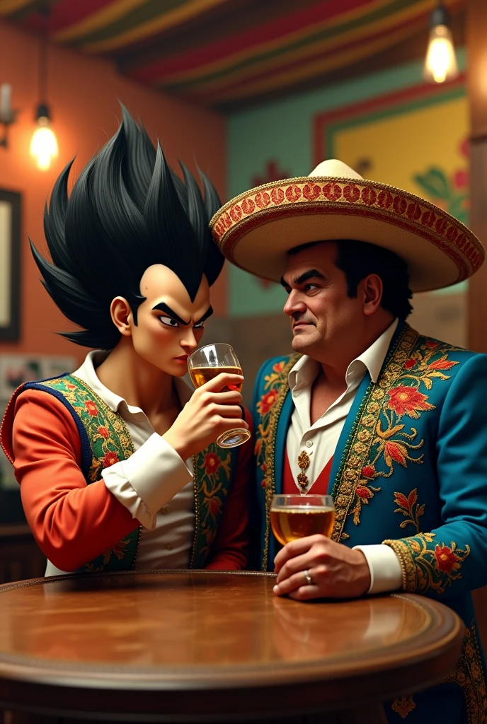 Create an image of Vegeta from DBZ with black hair drinking tequila with Mexican singer Vicente Fernandez wearing mariachi clothes in a cantina. Let it be seen that Vicente is indeed a Mexican Vicente