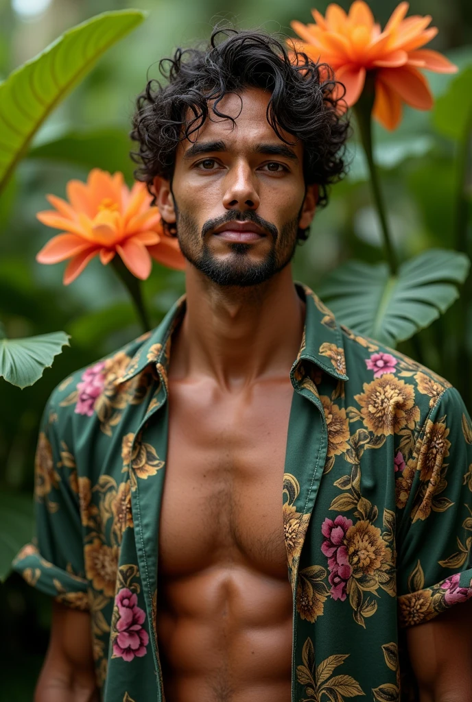 A Brazilian man in a lush tropical garden, wearing an open shirt with a floral print, with a close-up capturing the harmonious beauty between her breasts and the natural flowers, showing off your natural charm and outgoing personality.and a bankrupt trader name