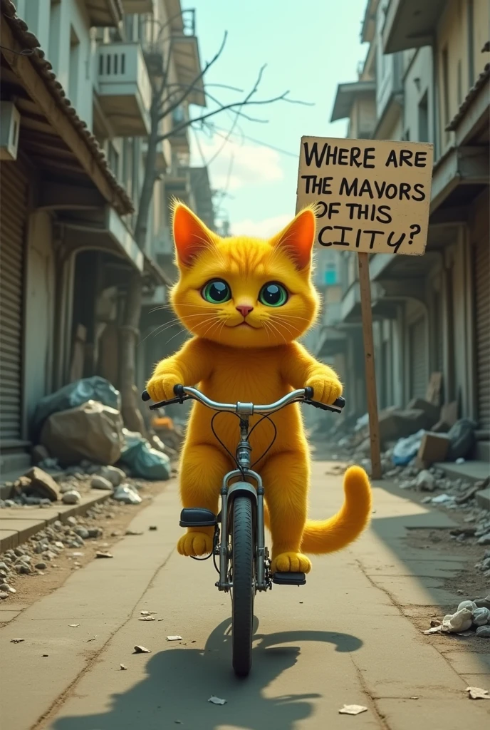Make a video of a yellow cat riding a bike down a dirty and polluted street with a sign saying where are the mayors of this city?