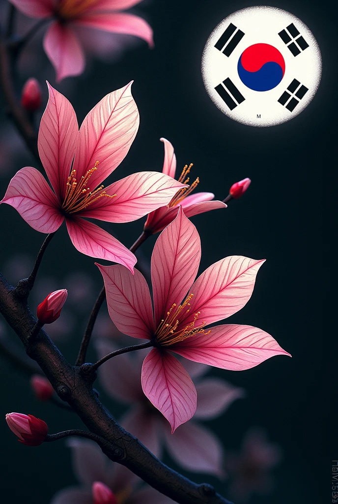 Art involving non-realistic Sakura leaves, South Korea country symbol in the upper right corner and on the black background