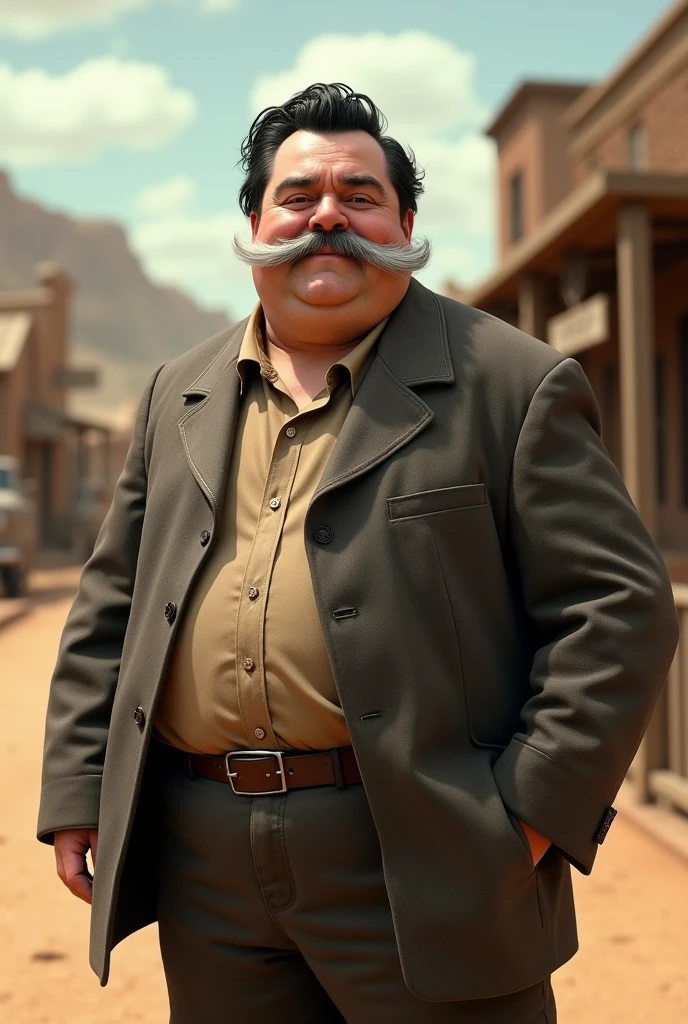 fat man, medium black hair only on the sides, big white chops, 1900s clothing living in Texas