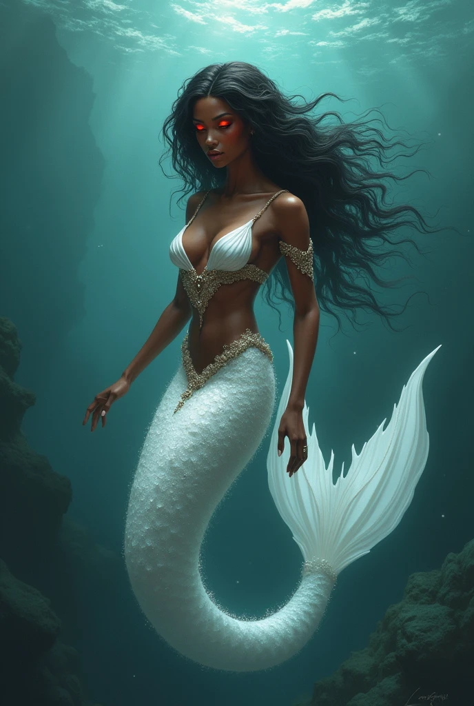 Black  woman. Honey brown skin. In the depths of the ocean. Mermaid queen. White tail. Beautiful face. Powerful presence. Glowing red eyes. Ultra high quality.