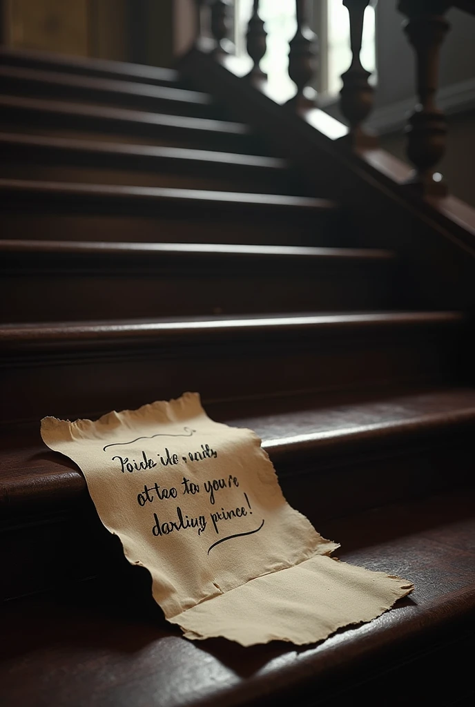 casually written note "Darling Prince" fallen on the step of a staircase