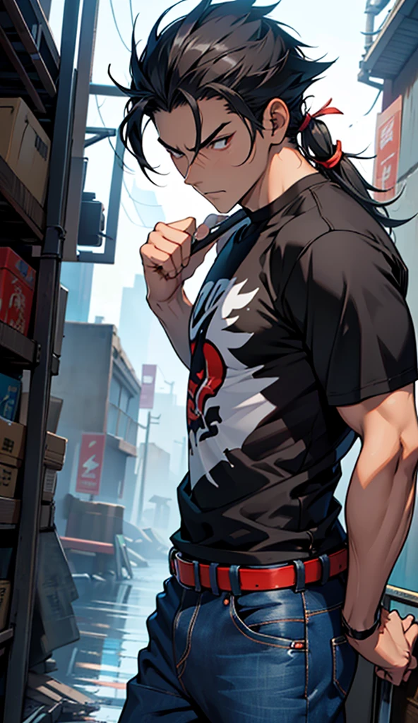 Sanraku is a young gamer, anime protagonist "Shangri-la Frontier." He has a distinctive appearance with spiky black hair., that fall lightly on your forehead. His eyes are intense and determined, reflecting your passion for games. He wears casual clothes, usually a simple t-shirt and jeans, conveying an unpretentious and comfortable image. Your physique is thin, but he is agile and well-coordinated, characteristics that stand out when he is immersed in his games. His expression often reveals enthusiasm and a slight arrogance., especially when faced with a difficult challenge, showing his competitive and confident nature.