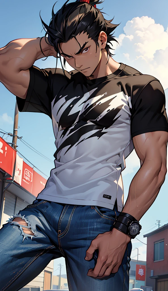 Sanraku is a young gamer, anime protagonist "Shangri-la Frontier." He has a distinctive appearance with spiky black hair., that fall lightly on your forehead. His eyes are intense and determined, reflecting your passion for games. He wears casual clothes, usually a simple t-shirt and jeans, conveying an unpretentious and comfortable image. Your physique is thin, but he is agile and well-coordinated, characteristics that stand out when he is immersed in his games. His expression often reveals enthusiasm and a slight arrogance., especially when faced with a difficult challenge, showing his competitive and confident nature.