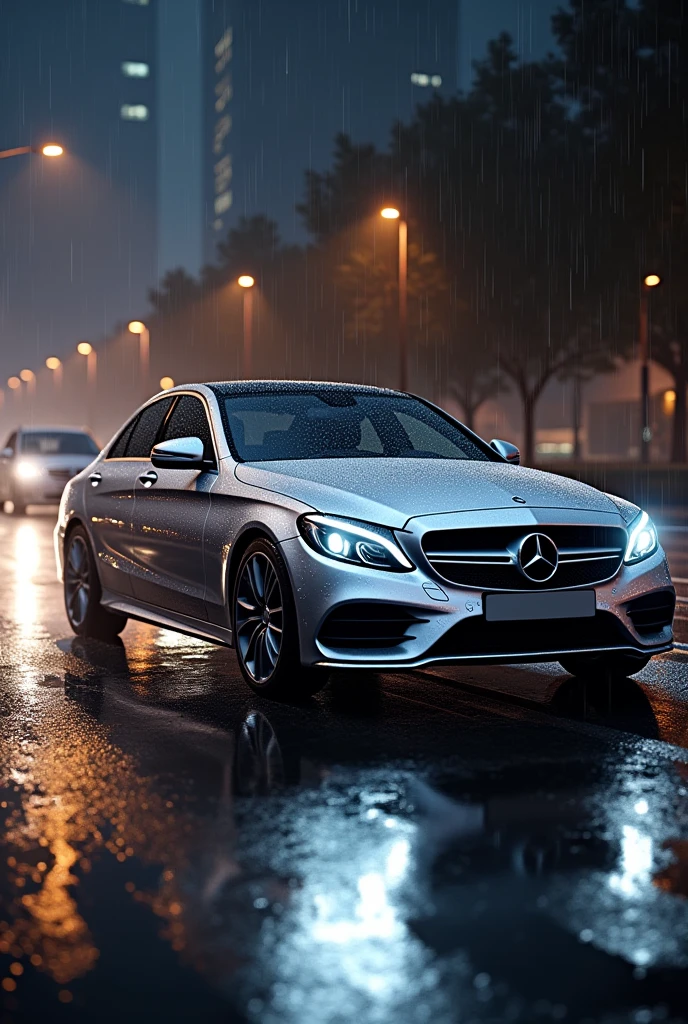 Mercedes benz c class 2010 in silver with silver rims driving at night with  rain 