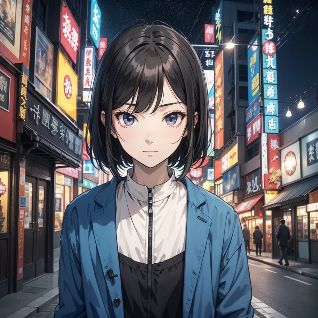 One man、He was wearing a blue Sukajan jacket.，A man in his 30s with short black hair stands on the wall、night、cool（Indifferent 1.5）（Cool look 1.5）（背景はnightの街の1.5）Anime Style4 K，anime rendering，Anime Style。8k，handsome anime face（Upper body display 1.8）（The Man Who Goes Through Transfiguration 1.8）（Cinema Lighting 1.5）（Master's masterpiece：1.4）（Ultra high definition 1.5）（Highest quality 1.5）
