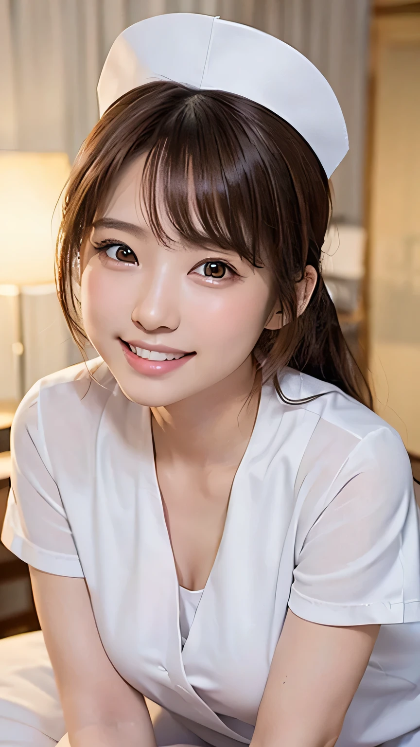 (Ultra HD, DSLR photography, 8k, highest quality, high resolution, premium quality, highest resolution, very beautiful woman, perfect anatomy), light brown eyes, very light brown eyes, small diamond-shaped earrings, looking directly at the camera, beautiful brown hair, ((, loose and cute medium ponytail)), very short and beautiful bangs on brown hair, E-cup chest, showing a beautiful décolletage, very beautiful 20-year-old, lip gloss, smiling very happily, very cute smile, upper teeth, beautiful teeth, (bright hospital room (background only)), slightly large eyes, small face, tall supermodel, beautifully shaped model, random cute gravure photo poses, dynamic angle, eye focus, head tilt, very detailed and realistic, very beautiful 20-year-old, ((medium shot)), sharp jawline, ((nurse in white uniform)), deep waistline, sexy legs, side view, smiling very happily, laughing, summer daytime.