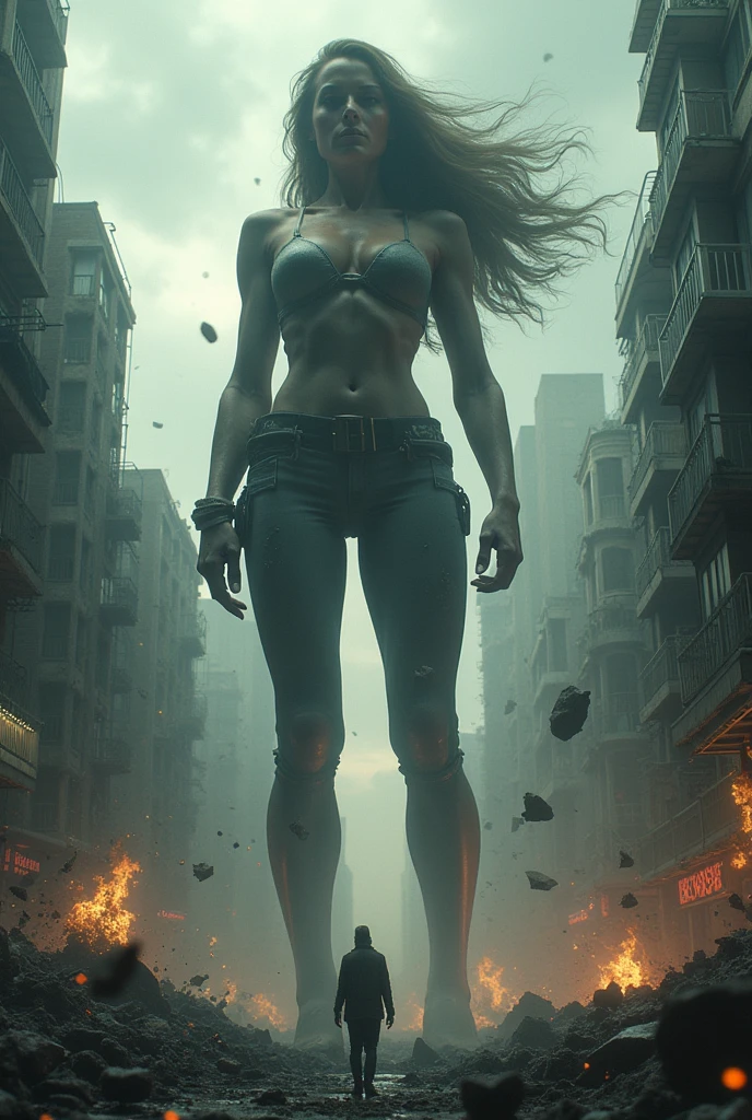 Very tall woman beats people and she is getting taller and taller now she is very strong she makes fun of people she throws people she destroys the city and her farts are storms

