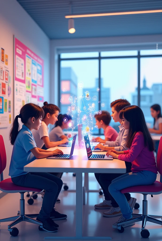 Create an image that illustrates a modern classroom where students use digital devices to color in projects with elements that represent personalized learning and social media interaction.