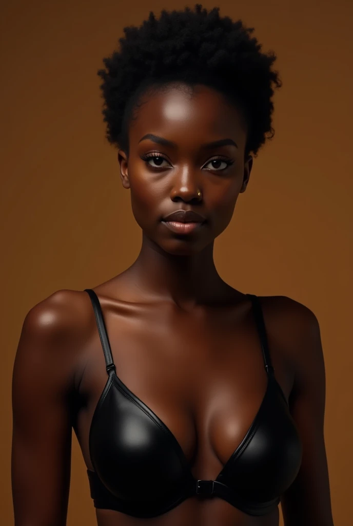 A black woman in a black bra and bra stands in front of a brown background.