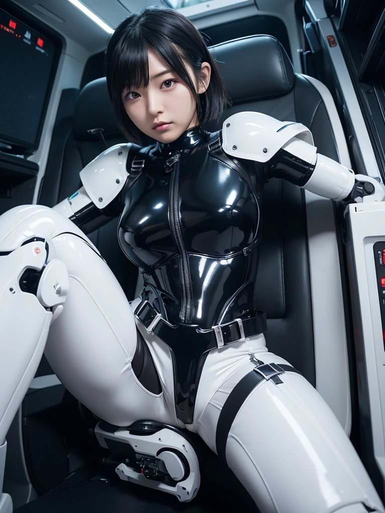 Japanese female android,Black Hair,Factory Cockpit,Secured to the seat with a thick harness,Plump,Slightly thicker,Spread your legs,Squat,Shiny white robot suit,Robotic arms and legs,Surrounded by switches and monitors,