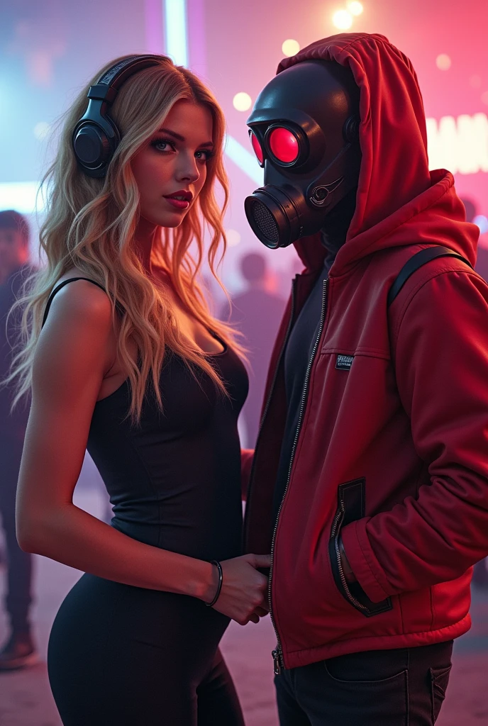 Taylor Swift, realistic, big breasts, full body, microphone & Young Star-lord with red hoodie, headphones, Star-lord helmet, rocket boots, gas helmet, covered mouth, round red eyes, front cover, Dj, party, red eyes.