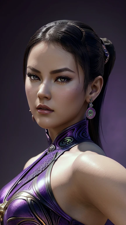 a close up of a woman in a dress with a purple background, Zafina, style ivan talavera and artgerm, extremely detailed artgerm, highly detailed exquisite fanart, portrait of chun - li, portrait of chun li, style artgerm, chun li, chun - li, chun-li, artgerm. high detail, graphic artist artgerm