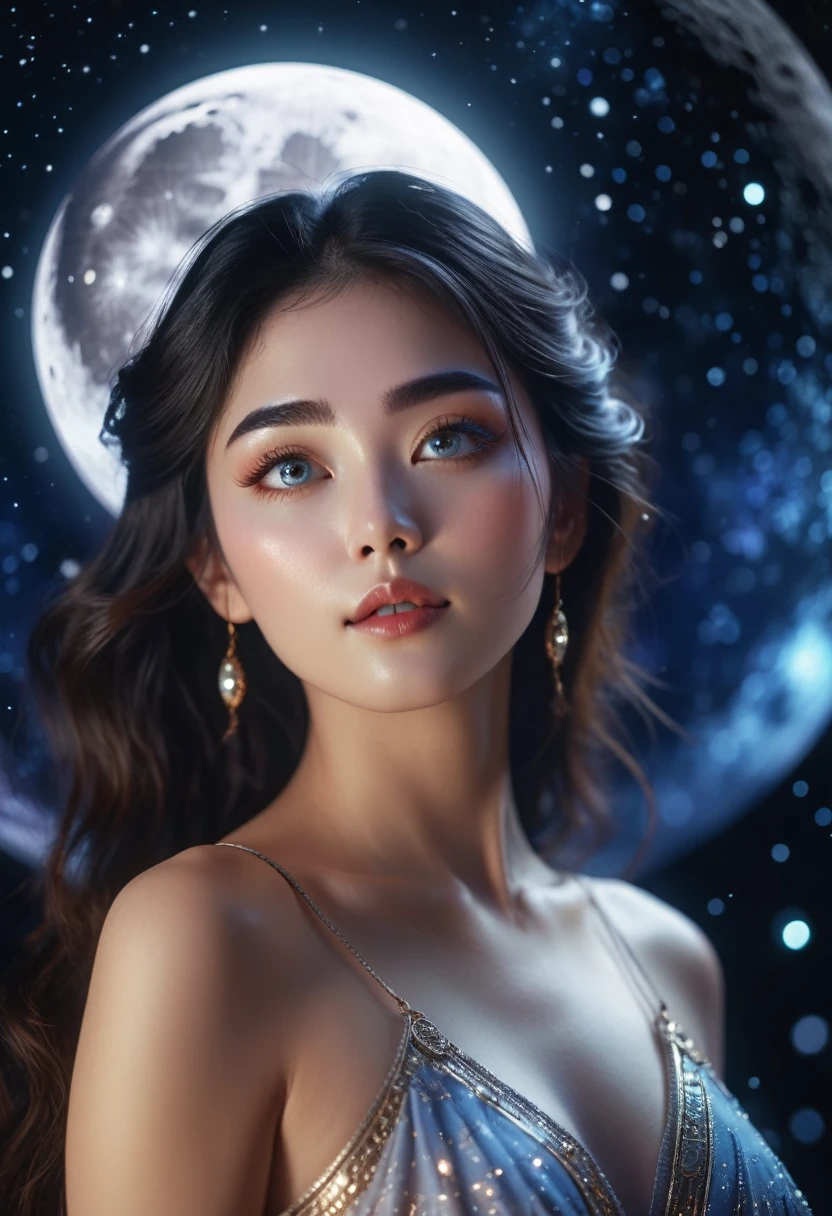 A photo of an moon goddess floating at the space, she is creating interdimensional portals, her eyes reflects the cosmo, moon background, main character focused, moon light, blurred background, DoF, Ultra detailed, 8k