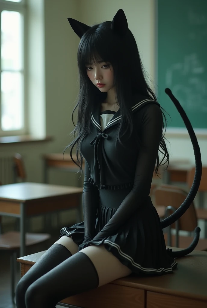 scp-1471, woman, breasts, antrum, extremely detailed, extremely detailed legs, extremely detailed arms, extremely detailed face, perfectly detailed eyes, perfectly detailed anatomy))): 1.2, solo, perspective, curved thighs, huge thighs, curvature, embarrassed angry face, (tail), totally blushed, nervous, looking at the viewer, school girl uniform, classroom, sitting on her desk, white stockings, day, black fur, happy, black body