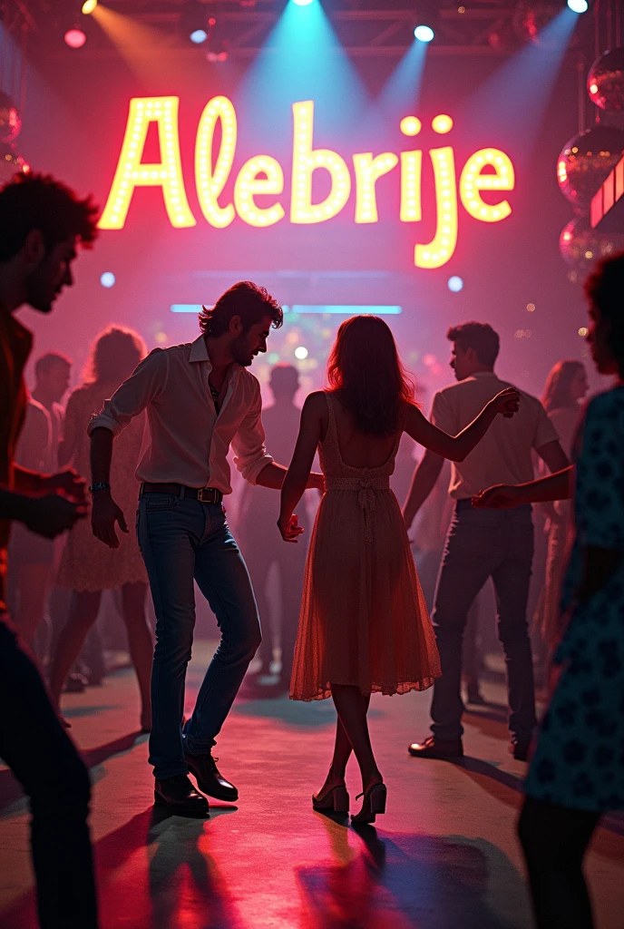 People dancing from the 70s with the name ALEBRIJE and that also says classics night, put classics night in letters, put classics night that also has the word ALEBRIJE and that they are real people that appear men, I also want people of the male sex to appear, both male and female, that adds more the word classics night