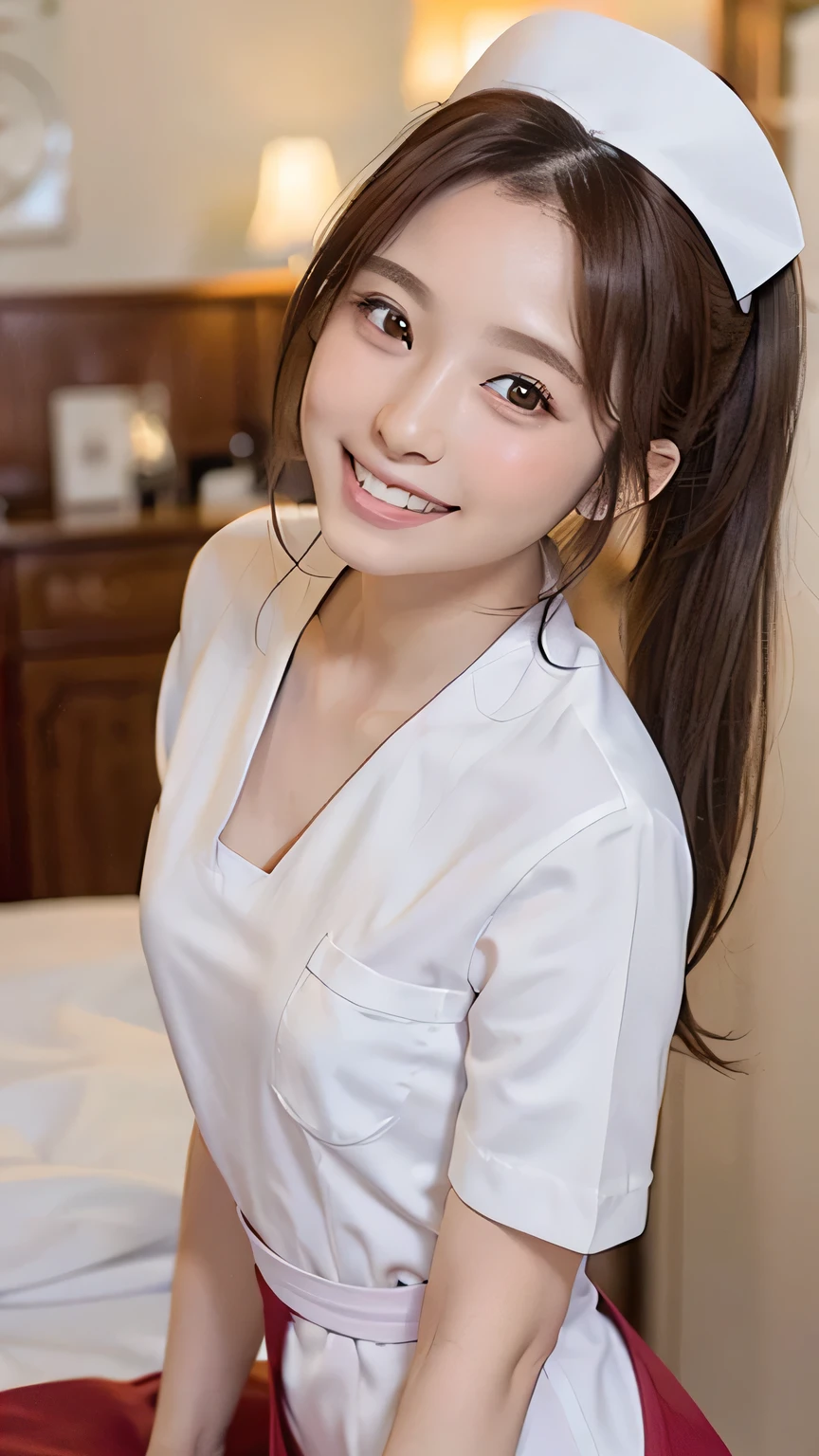 (highest quality、masterpiece:1.uper detailed、(photo-realistic:1.4)、Japanese、cute、25 years old、Angle of view from the side、Looking out of the camera、random hairstyle、random facial expressions、large nurse uniform、downblouse, loose t-shirts, light_particle、bright hospital、(leaning forward:1.5)、valley、A little bra is visible