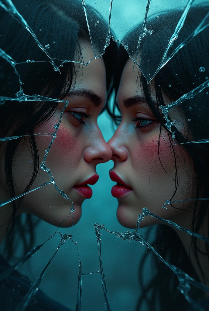 Cover for a dark romance book as if it were broken glass with their faces on it