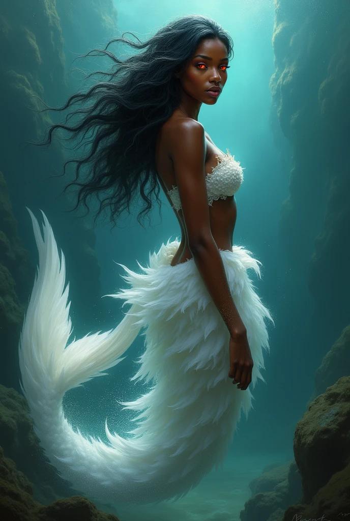 Black woman. Honey brown skin. In the depths of the ocean. Mermaid queen. White tail. Beautiful face. Powerful presence. Glowing red eyes. Ultra high quality.