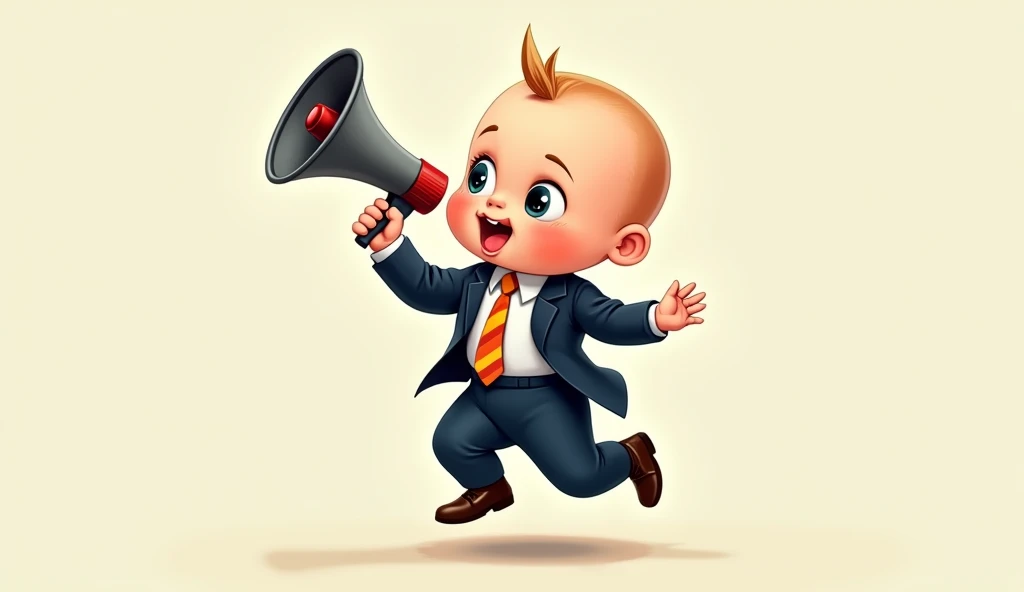 A cartoon baby in a suit holding a megaphone