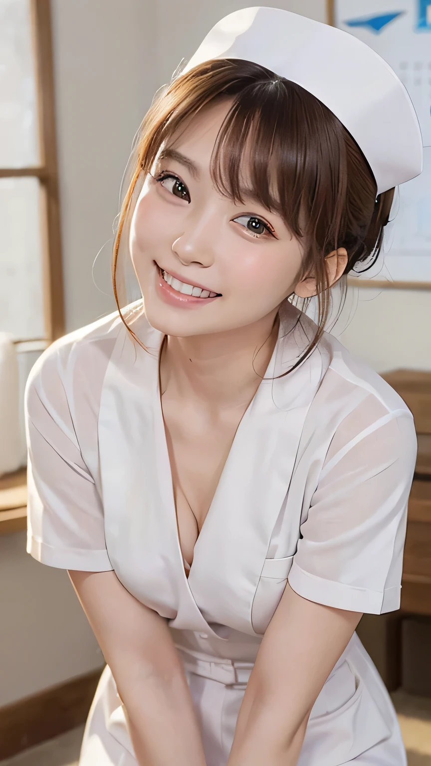 (Ultra HD, DSLR photography, 8k, highest quality, high resolution, premium quality, highest resolution, very beautiful woman, perfect anatomy), light brown eyes, very light brown eyes, small diamond-shaped earrings, looking directly at the camera, beautiful brown hair, ((baby face, loose and cute medium ponytail)), very short and beautiful bangs on brown hair, E-cup chest, showing a beautiful décolletage, very beautiful 20-year-old, lip gloss, smiling very happily, very cute smile, upper teeth, beautiful teeth, (bright hospital room (background only)), slightly large eyes, small face, tall supermodel, beautifully shaped model, random cute gravure photo poses, dynamic angle, eye focus, head tilt, very detailed and realistic, very beautiful 20-year-old, ((medium shot)), sharp jawline, ((nurse in white uniform)), deep waistline, sexy legs, side view, smiling very happily, laughing, summer daytime.