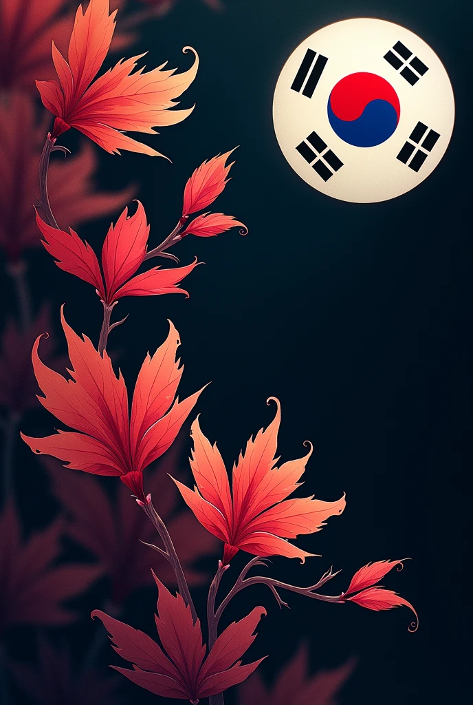Art involving Sakura leaves that are not realistic, South Korea country symbol in the upper right corner and on the black background