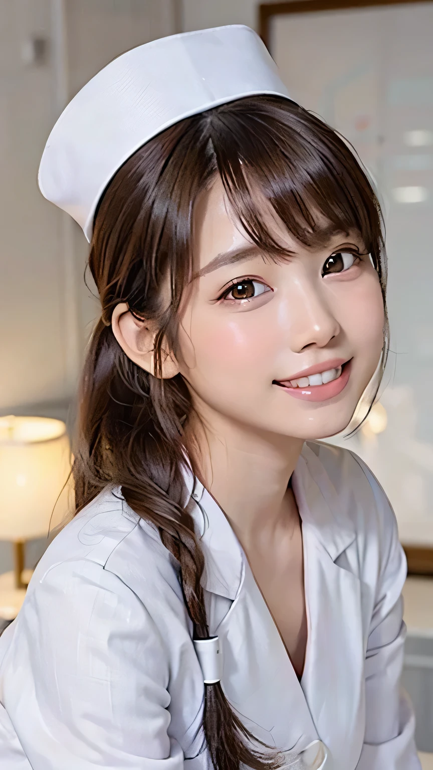 (Ultra HD, DSLR photography, 8k, highest quality, high resolution, premium quality, highest resolution, very beautiful woman, perfect anatomy), light brown eyes, very light brown eyes, small diamond-shaped earrings, looking directly at the camera, beautiful brown hair, ((baby face, loose and cute medium ponytail)), very short and beautiful bangs on brown hair, E-cup chest, showing a beautiful décolletage, very beautiful 20-year-old, lip gloss, smiling very happily, very cute smile, upper teeth, beautiful teeth, (bright hospital room (background only)), slightly large eyes, small face, tall supermodel, beautifully shaped model, random cute gravure photo poses, dynamic angle, eye focus, head tilt, very detailed and realistic, very beautiful 20-year-old, ((medium shot)), sharp jawline, ((nurse in white uniform)), deep waistline, sexy legs, side view, smiling very happily, laughing, summer daytime.