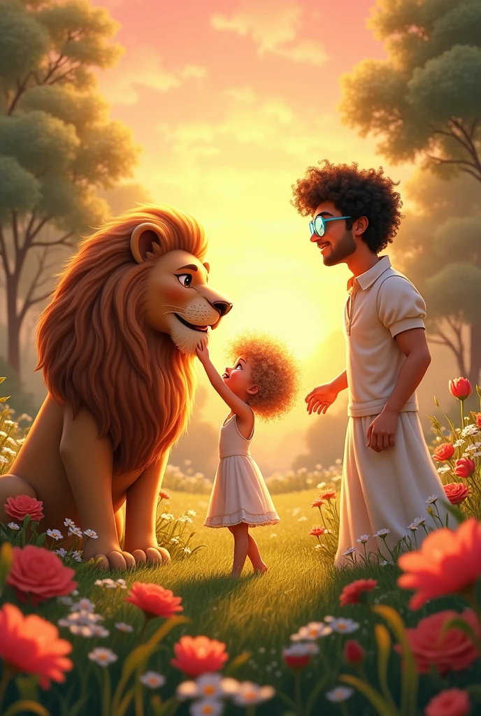 Wonderful shining sunset, with beautiful flowers in a vast and splendid Garden.
03 people in this image.
little white, curly black hair comprido, white gown brincando com um Leão.
tall white woman, Long curly blonde hair, white gown.
tall white man, curly black hair, sem beard, transparent blue glasses, white outfit.
Beautiful plaque written: Happy Saturday.