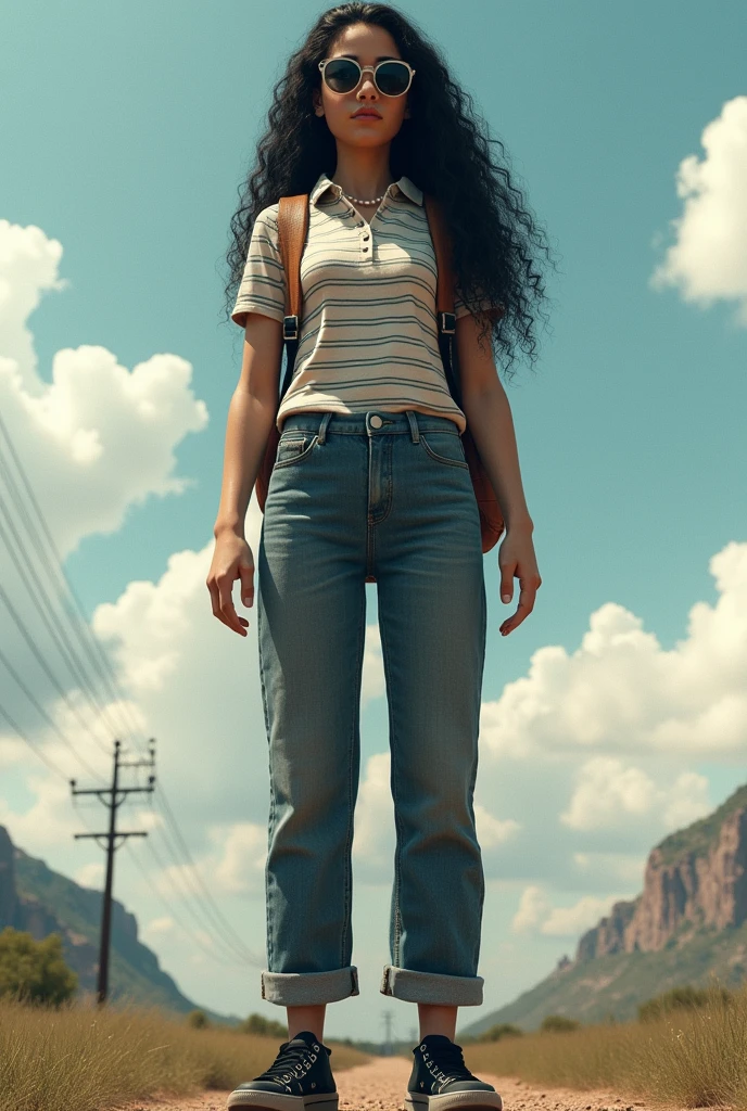 Girl 150 meters tall,Wear black ankle boots or sneakers, striped polo shirt, classic neutral dark jeans, jacket, chocolate brown backpack, pearl chain, sunglasses, long curly black hair, light brown complexion, cock nose,dark brown eyes, measures 90,80,85.