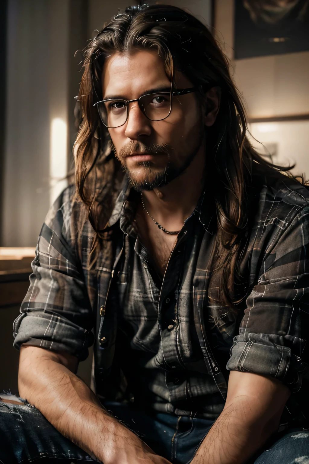 a robust young man, black ripped jeans, open plaid shirt, long beard, little mustache, glasses, long curly hair, intellectual appearance, (best quality,4k,8k,highres,masterpiece:1.2),ultra-detailed,(realistic,photorealistic,photo-realistic:1.37),portrait,dramatic lighting,cinematic,chiaroscuro,moody,warm colors