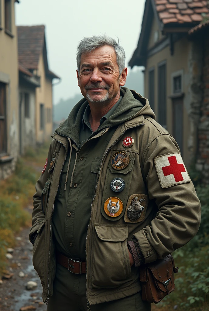 photo réaliste, médecin 60 ans cheveux grisonnant 1m70, 100kg, visage rond et jovial, plein de badges animaux sur vêtements survivaliste avec croix rouge. Décors ruine de village alsacien 