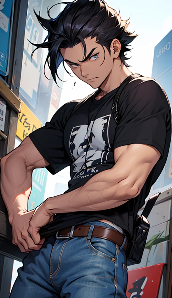 best quality,masterpiece,original,extremely detailed wallpaper,looking at viewer,1boy,独奏,adult,male focus,spiked hair,brown hair,headphones,black pants,they_mask,sleeveless_shirt, Semen dripping on clothes