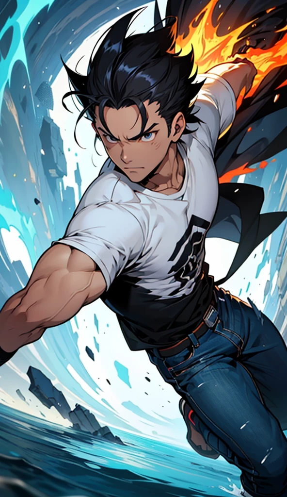 Sanraku is a young gamer, anime protagonist "Shangri-la Frontier." He has a distinctive appearance with spiky black hair., that fall lightly on your forehead. His eyes are intense and determined, reflecting your passion for games. He wears casual clothes, usually a simple t-shirt and jeans, conveying an unpretentious and comfortable image. Your physique is thin, but he is agile and well-coordinated, characteristics that stand out when he is immersed in his games. His expression often reveals enthusiasm and a slight arrogance., especially when faced with a difficult challenge, showing his competitive and confident nature.