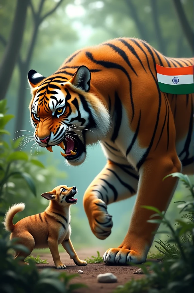 An angry tiger is attacking a dog and the dog is very scared and crying. The dog will have the Indian flag on it and the tiger will have the Bangladesh flag on it