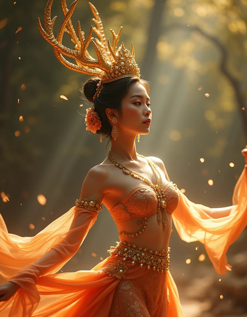 Masterpiece Luxurious Picture of a graceful beautiful Sundanese Deer Dance Female Dancer with iconic ornated golden deer crown, bokeh, shallow depth of field