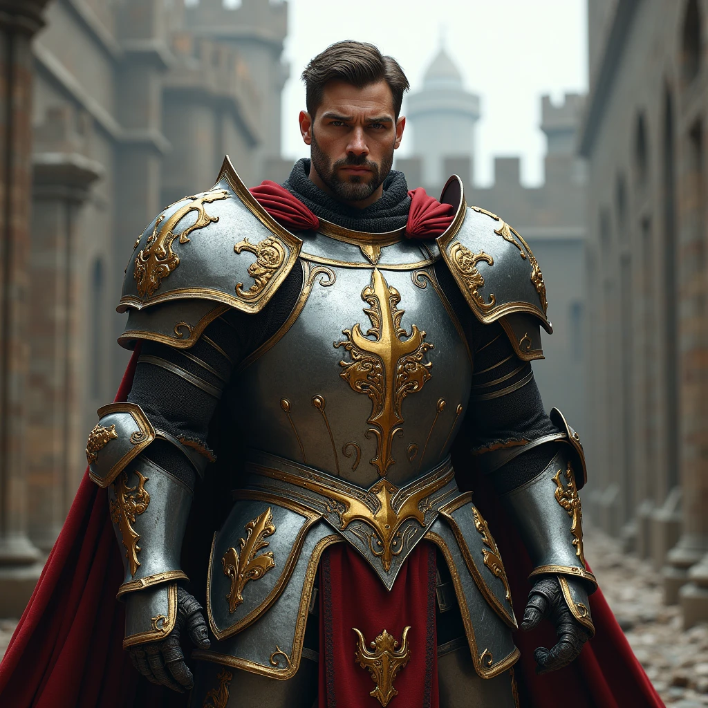 a medieval super heavy armor paladin, without a helmet, extremely handsome man.