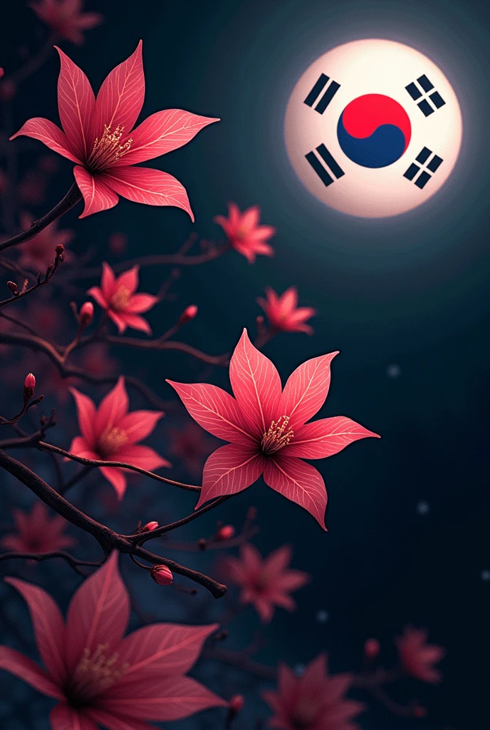 Art involving Sakura leaves that are not realistic, South Korea country symbol in the upper right corner and on the black background