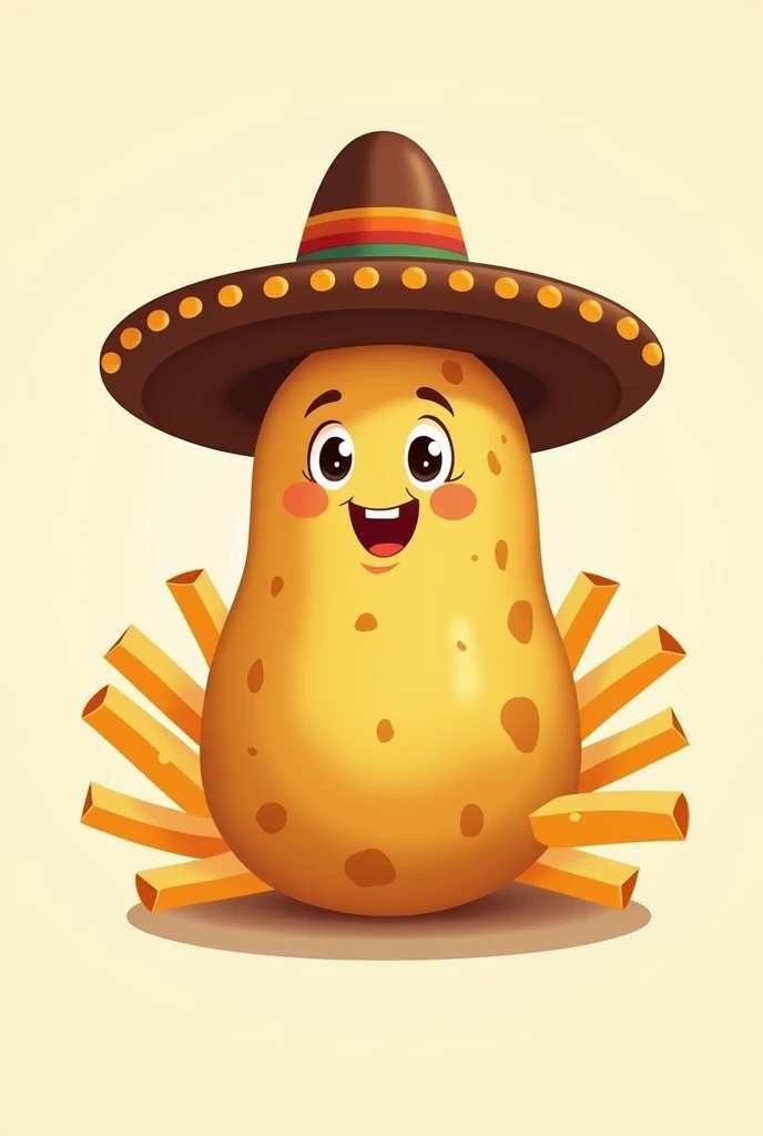 A logo for a French fries business, that it be a raw potato with a charro hat and that on the sides there are chips