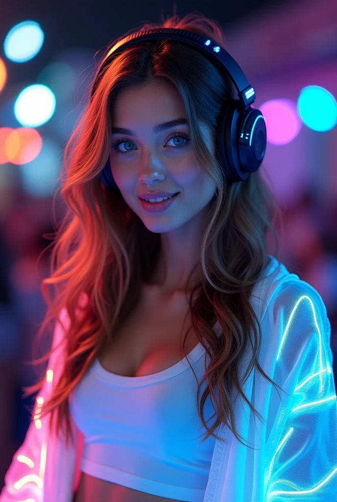 best qualityer, 8k. 
Beautiful young woman, brown wavy hair.
blue eyes.
She's a DJ, uses a large headset with neon LED light.
She wears a white tank top and a neon holographic jacket..
Looks directly at the camera with a confident and happy expression..
