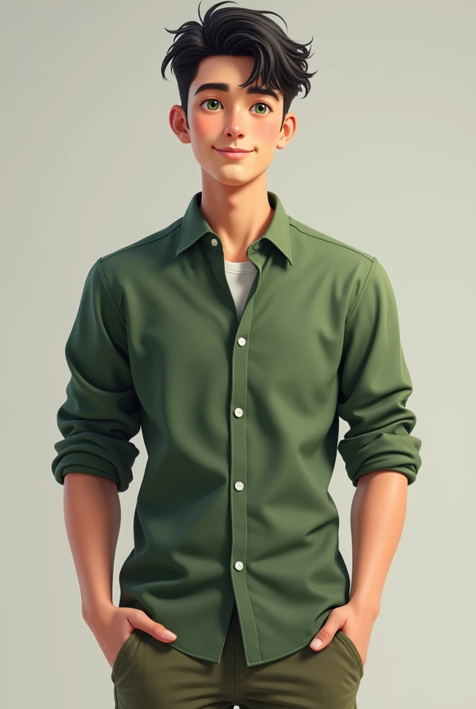 Young man with green shirt and pants 
