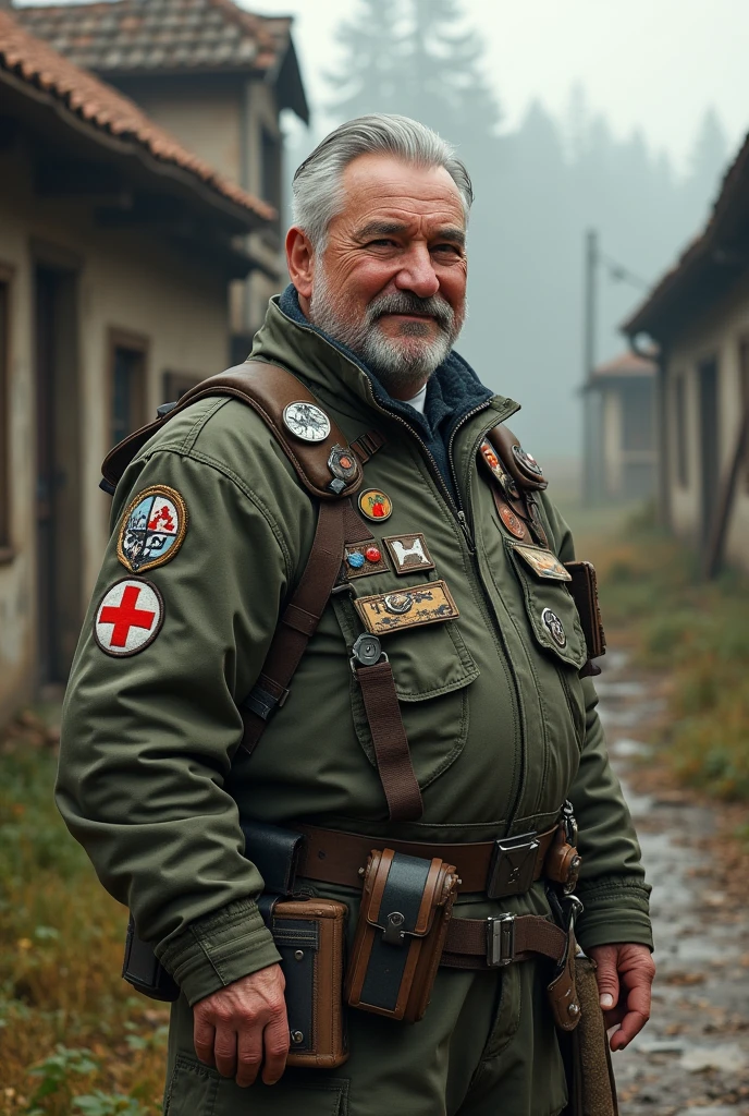 photo réaliste, médecin 60 ans cheveux grisonnant 1m70, 100kg, visage rond et jovial, plein de badges animaux sur vêtements survivaliste avec croix rouge. Décors ruine de village alsacien 