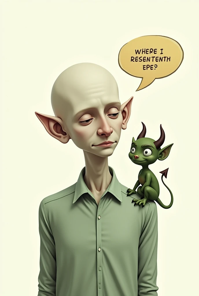a bald albino with a little green devil sitting on his shoulder. the devil is thinking about the word: resentment. and this one is in a balloon like the ones in comic books