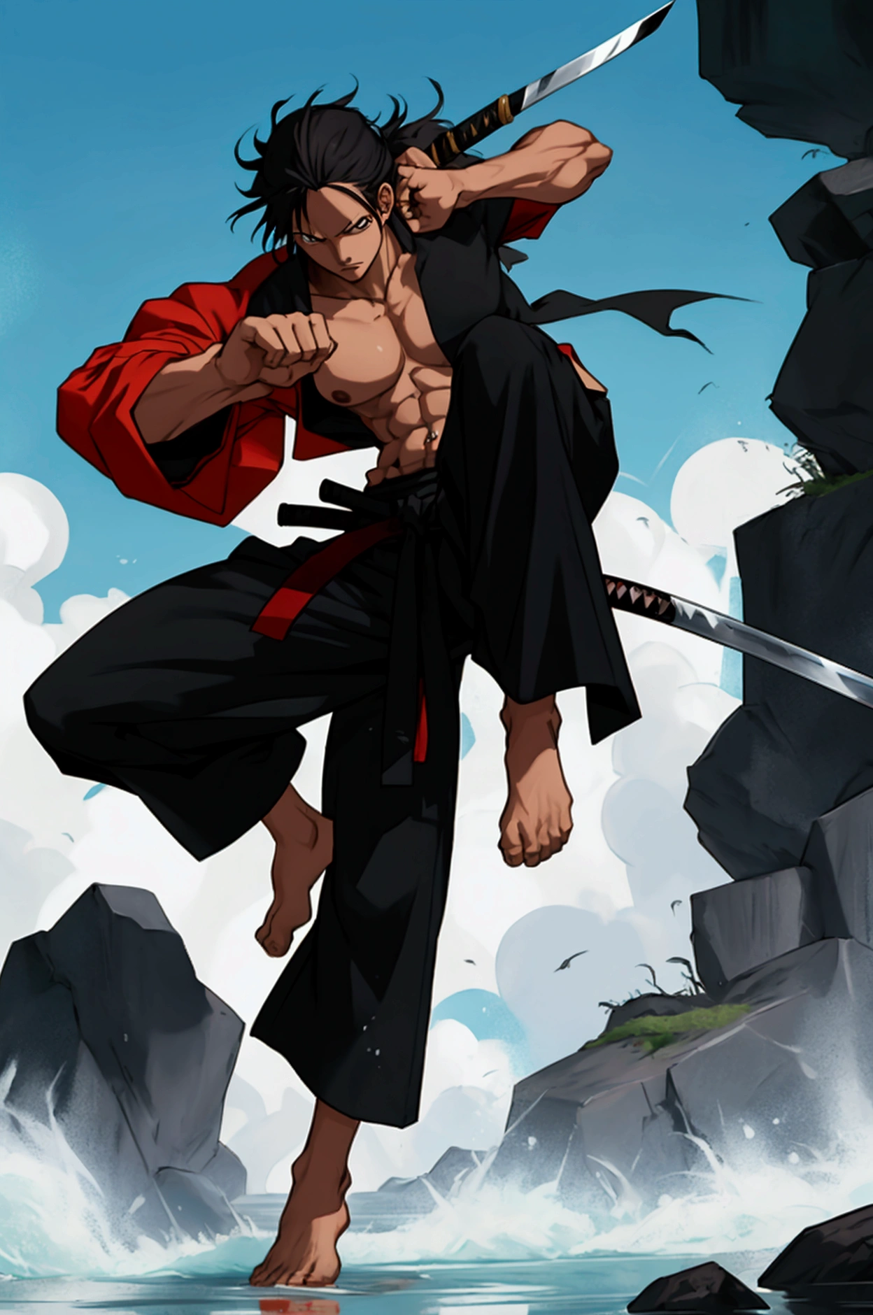 One piece original character, male 20 years old, balack hair, use katana, martial arts, full body, damage right eye