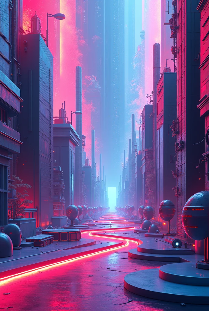 abstract futuristic cityscape, vibrant neon colors, 3d shapes and towering structures, anaglyph 3D effect, smooth matte surface, intricate geometric patterns, high saturation, surreal composition, glow lighting, ultraviolet aesthetic, intricate shadows,