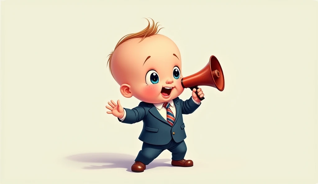 A cartoon baby in a suit holding a megaphone
