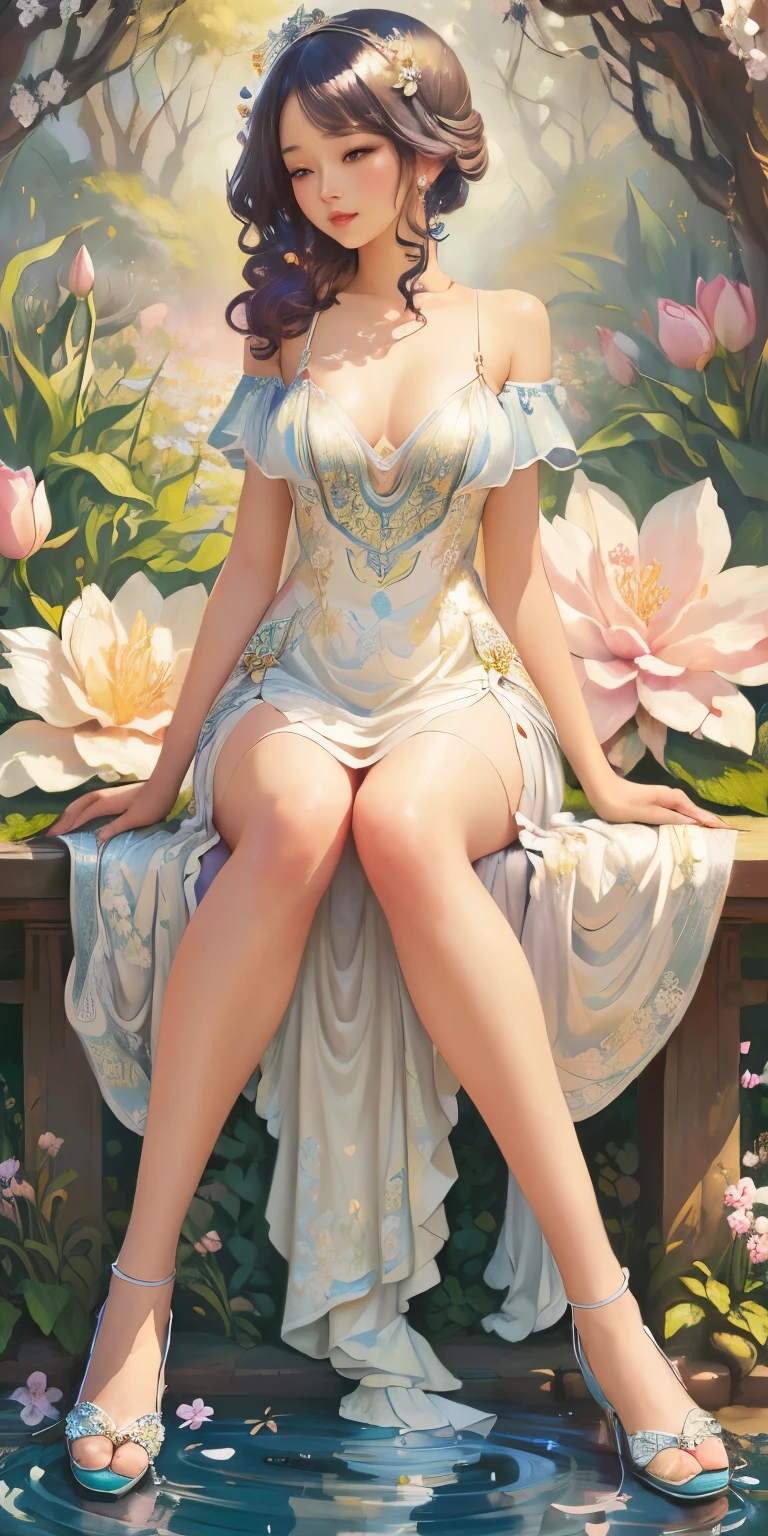 a painting of a woman sitting on a bench in a garden, Goddess of flowers, by Nene Thomas, Anna Dittmann Alberto Vargas, Woman in flowers, spring goddess, by Ju Lian, jinyoung blackhead art, sakimichan frank franzzeta, by Chen Chun, beautiful female body, Exquisite digital illustration, by Wu Zhen, by Chen Lin, girl in flowers