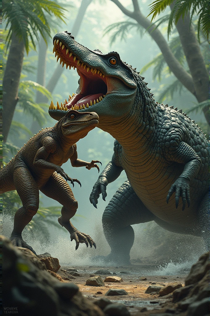 generates a crocodile fighting a velociraptor in which both are about to bite