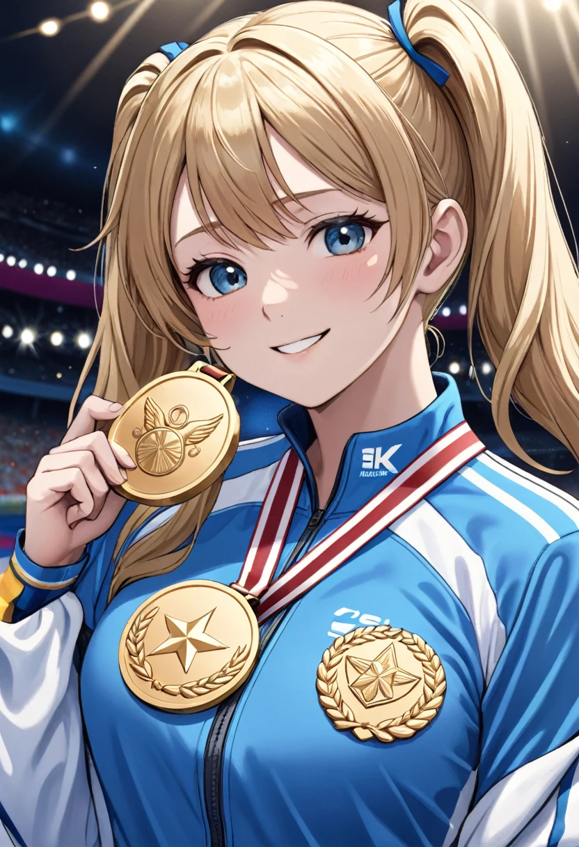 Light blue long hair、Beautiful girl with twin tails、a woman being awarded a gold medal at the paris olympics, highly detailed Realistic 3d cg rendering of the award ceremony, close-up of an athlete receiving the medal, A face expressing joy and pride, Dramatic studio lighting, intricate details of the medal and athlete's uniform, Vibrant colors, photoRealistic, masterpiece quality, (Highest quality, 8k, High resolution, masterpiece:1.2), Very detailed, Realistic, photo-Realistic:1.37, Dramatic lighting, emotional expression, Dynamic pose, gold medal, Olympic Medal Ceremony, athlete, Sports, competition, victory, celebration,