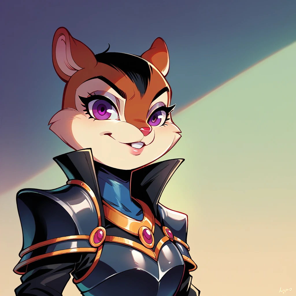100racs, score_9, score_8_up, score_7_up, score_6_up, chipmunk, with ebony black fur and purple eyes in demonic armor